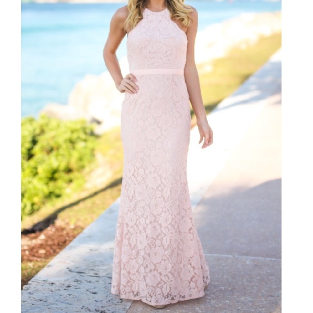Blush Lace Maxi Dress with Criss Cross Back